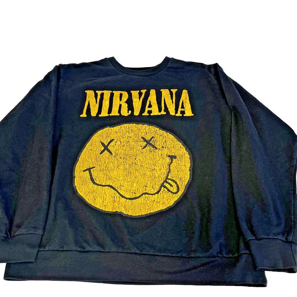 Nirvana Mens Graphic Sweatshirt Crewneck Black Size L Band Grunge Casual Smiley